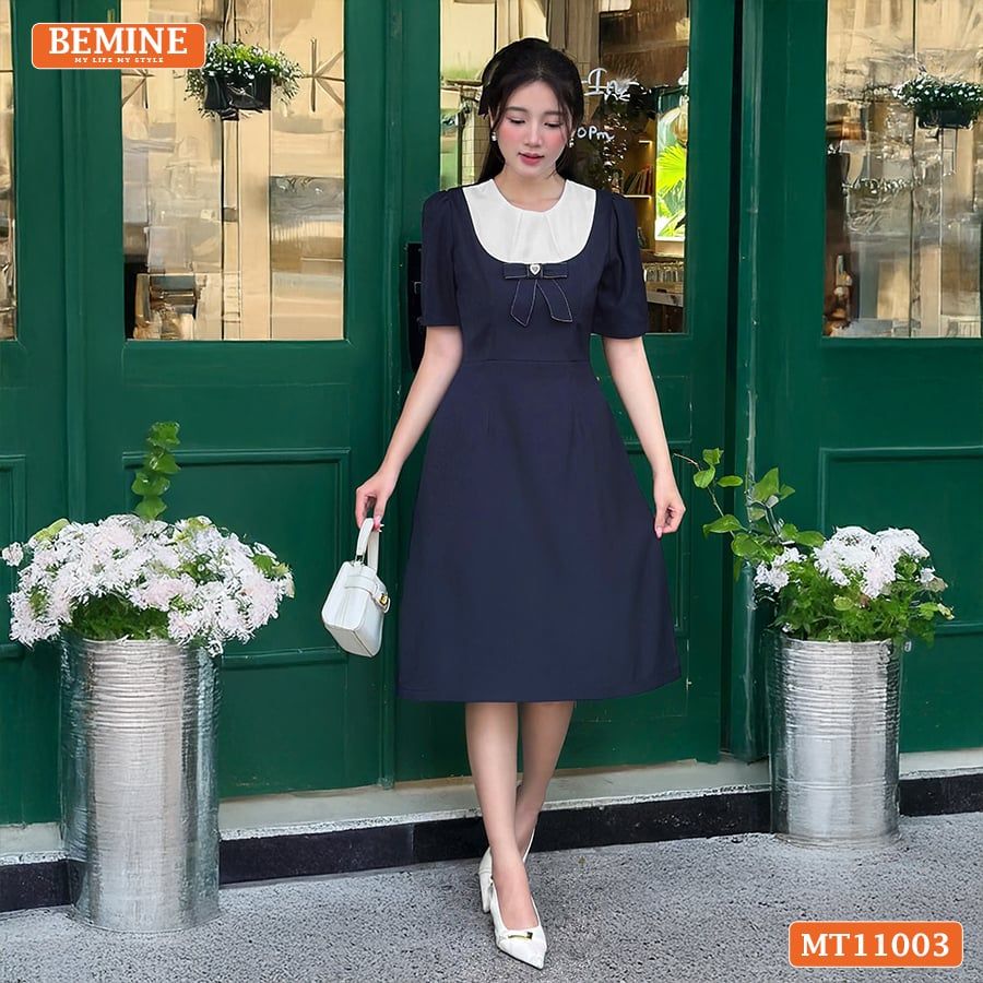 Đầm thiết kế BEMINE cổ tròn đính nơ dáng chữ A MT11003