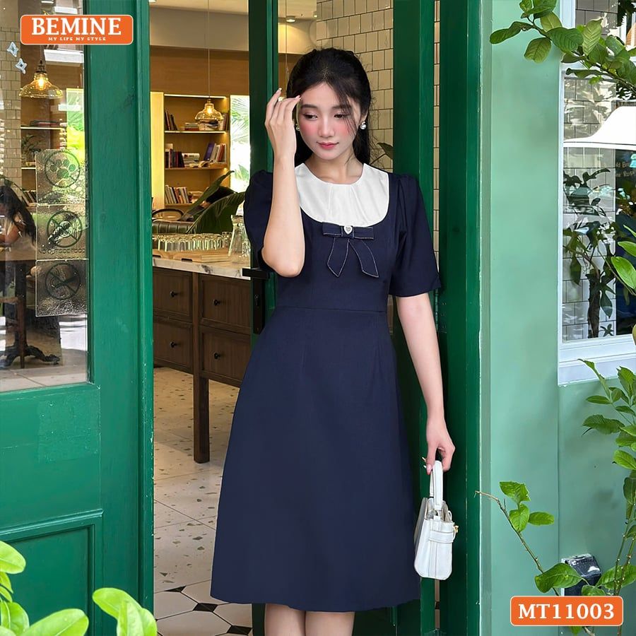 Đầm thiết kế BEMINE cổ tròn đính nơ dáng chữ A MT11003