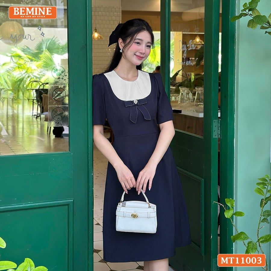 Đầm thiết kế BEMINE cổ tròn đính nơ dáng chữ A MT11003