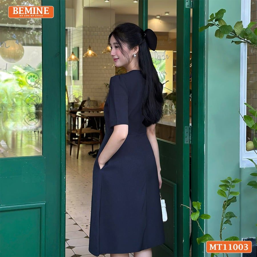 Đầm thiết kế BEMINE cổ tròn đính nơ dáng chữ A MT11003