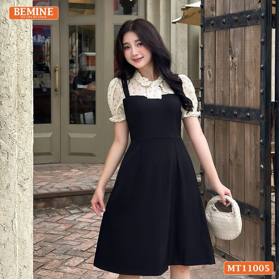 Đầm thiết kế BEMINE cổ kiểu phối voan nơ giả yếm dáng chữ A MT11005