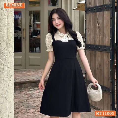 Đầm thiết kế BEMINE cổ kiểu phối voan nơ giả yếm dáng chữ A MT11005