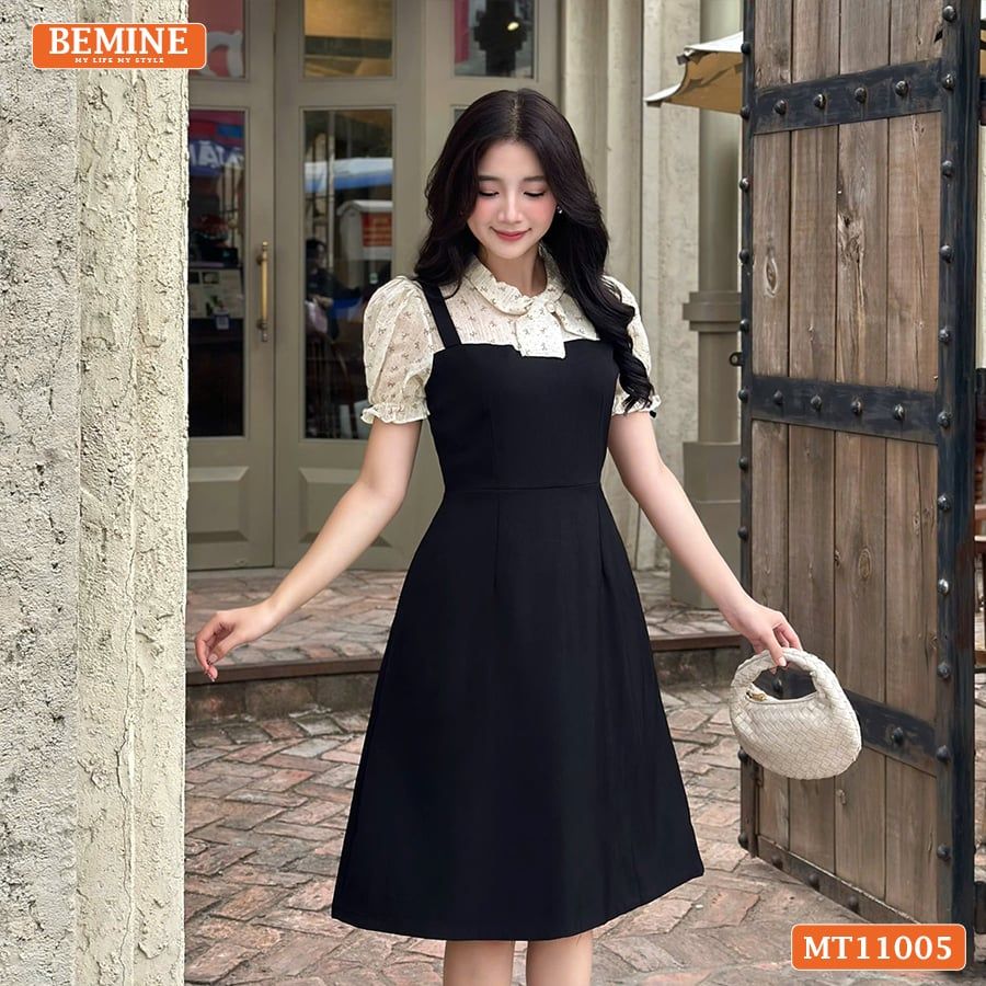 Đầm thiết kế BEMINE cổ kiểu phối voan nơ giả yếm dáng chữ A MT11005