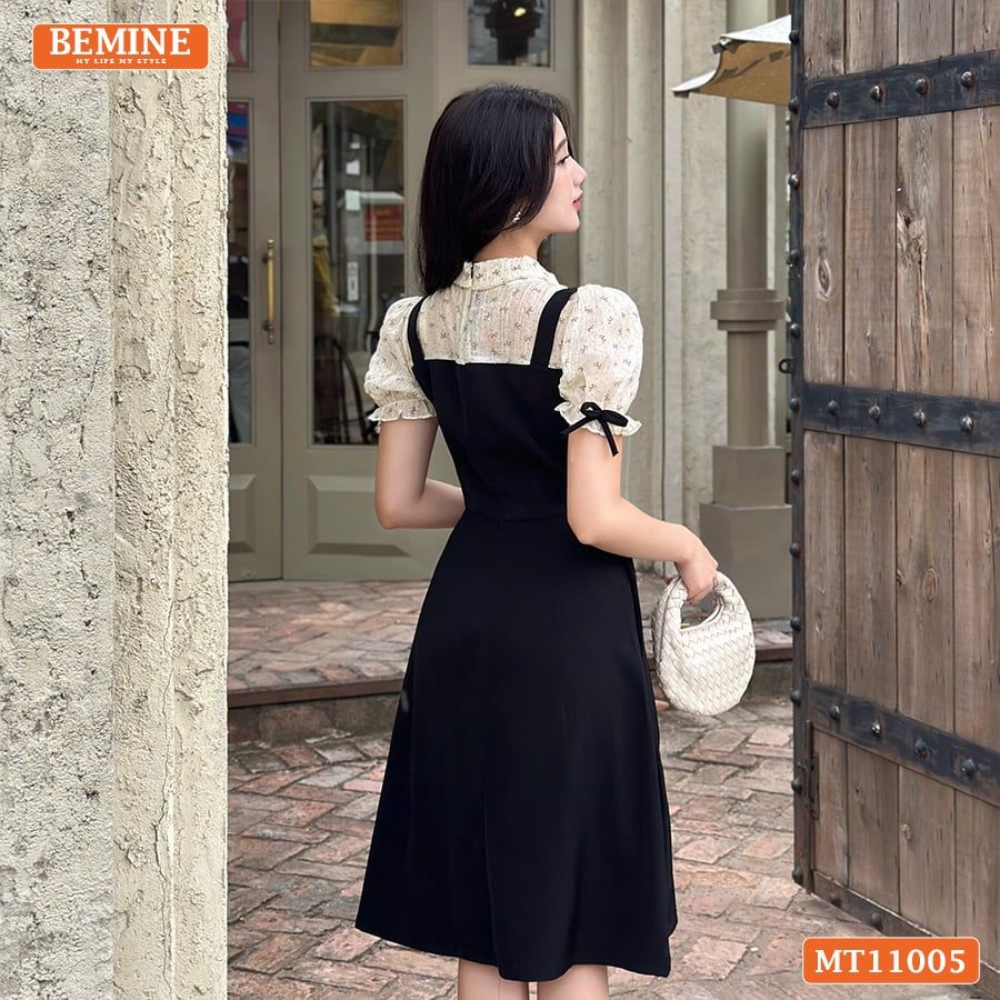 Đầm thiết kế BEMINE cổ kiểu phối voan nơ giả yếm dáng chữ A MT11005