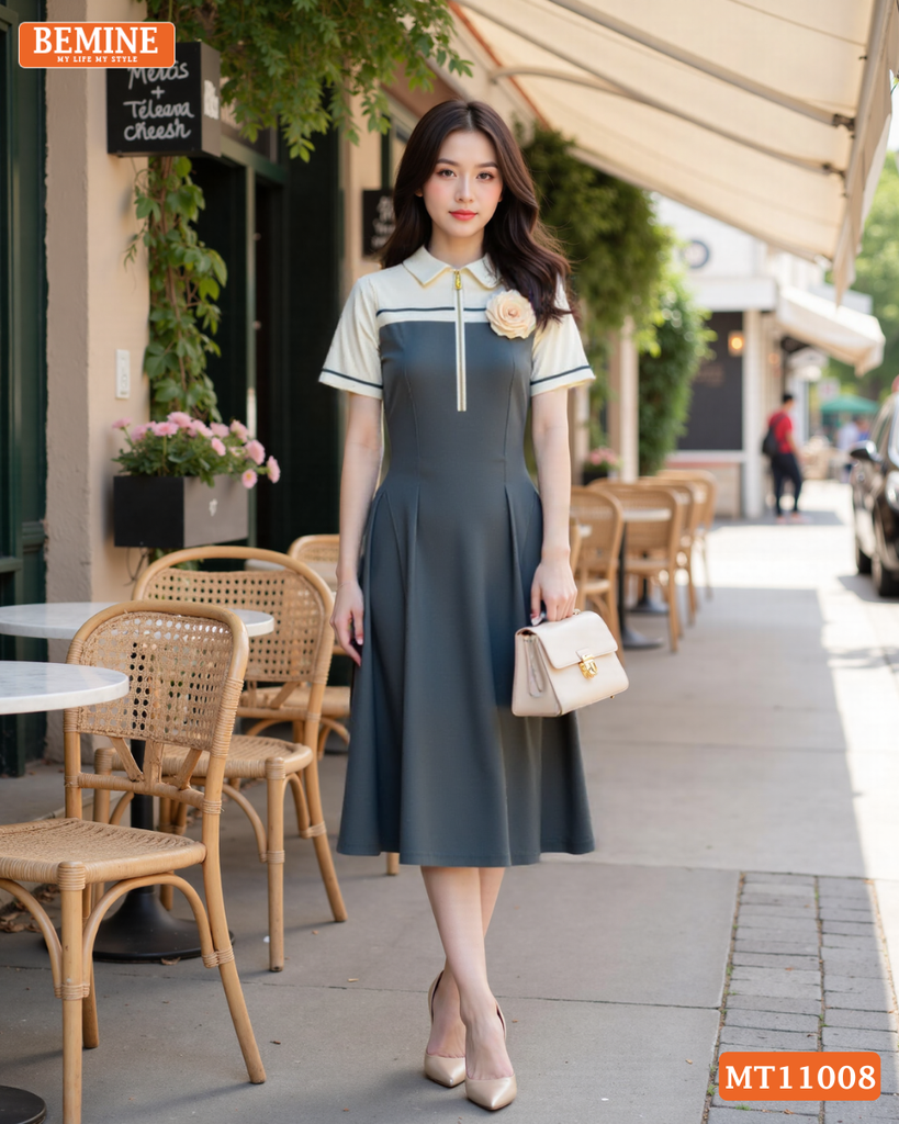 Đầm thiết kế BEMINE cổ sơ mi dây kéo trước dáng chữ A MT11008