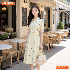 Đầm thiết kế BEMINE cổ sơ mi in nơ dáng chữ A phù hợp đi làm-MT11015