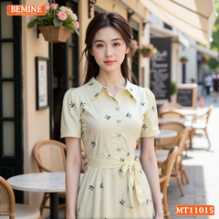 Đầm thiết kế BEMINE cổ sơ mi in nơ dáng chữ A phù hợp đi làm-MT11015