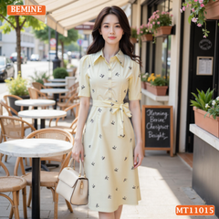 Đầm thiết kế BEMINE cổ sơ mi in nơ dáng chữ A phù hợp đi làm-MT11015