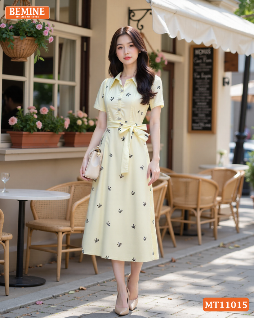 Đầm thiết kế BEMINE cổ sơ mi in nơ dáng chữ A phù hợp đi làm-MT11015