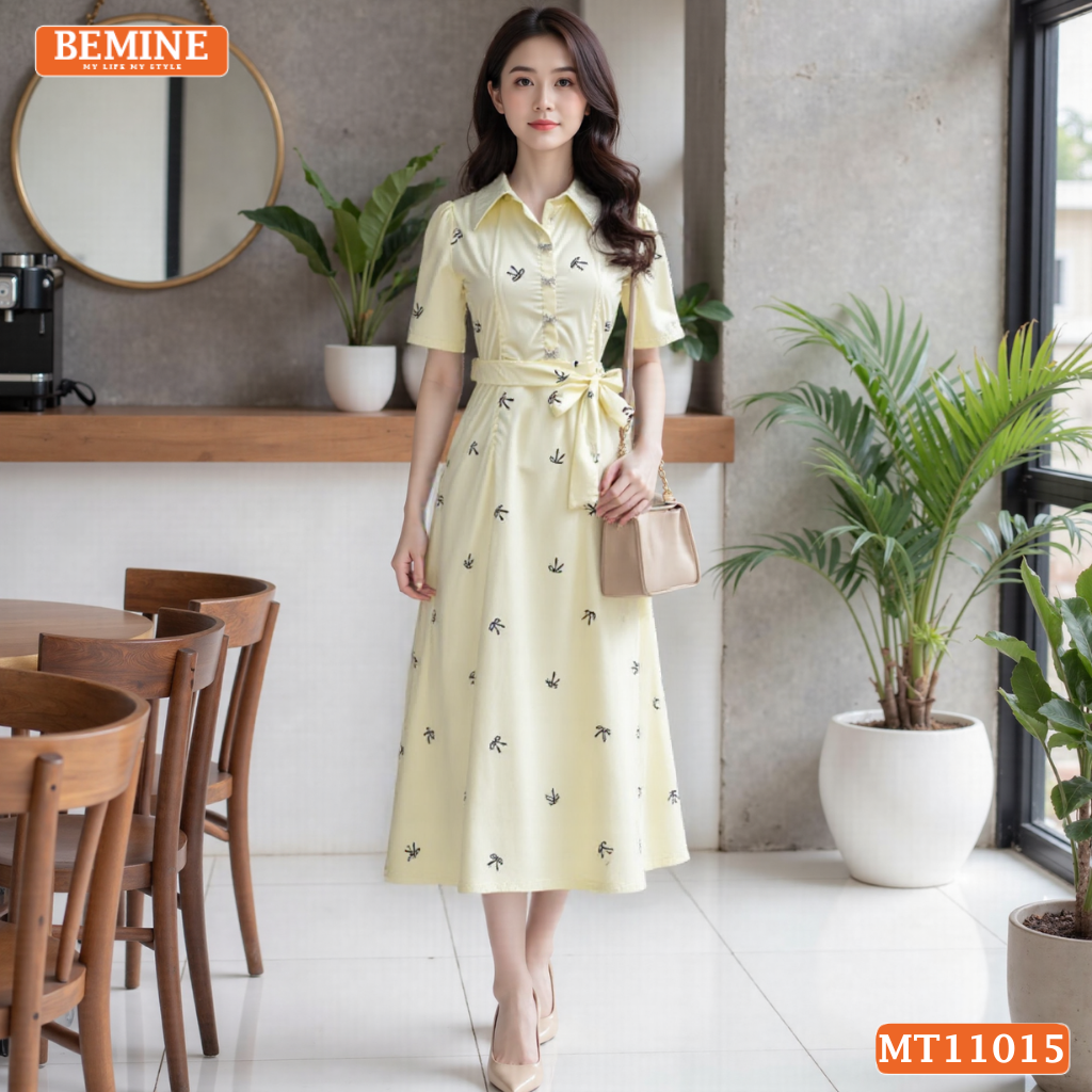 Đầm thiết kế BEMINE cổ sơ mi in nơ dáng chữ A phù hợp đi làm-MT11015