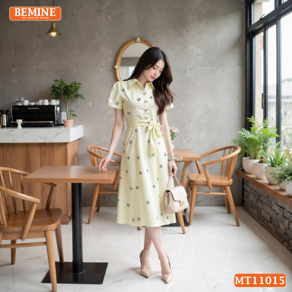 Đầm thiết kế BEMINE cổ sơ mi in nơ dáng chữ A phù hợp đi làm-MT11015