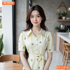 Đầm thiết kế BEMINE cổ sơ mi in nơ dáng chữ A phù hợp đi làm-MT11015