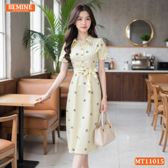Đầm thiết kế BEMINE cổ sơ mi in nơ dáng chữ A phù hợp đi làm-MT11015
