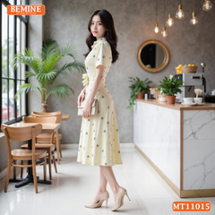 Đầm thiết kế BEMINE cổ sơ mi in nơ dáng chữ A phù hợp đi làm-MT11015
