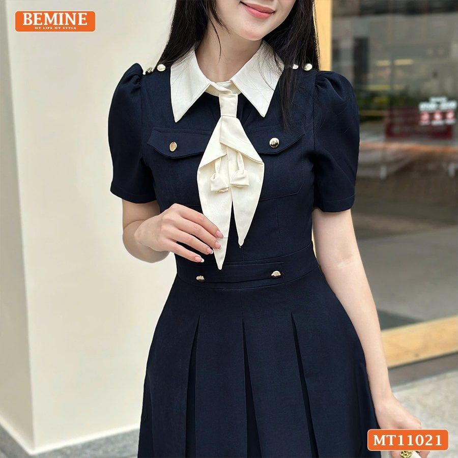 Đầm thiết kế BEMINE cổ đức nơ kiểu dáng chữ A phù hợp đi làm-MT11021