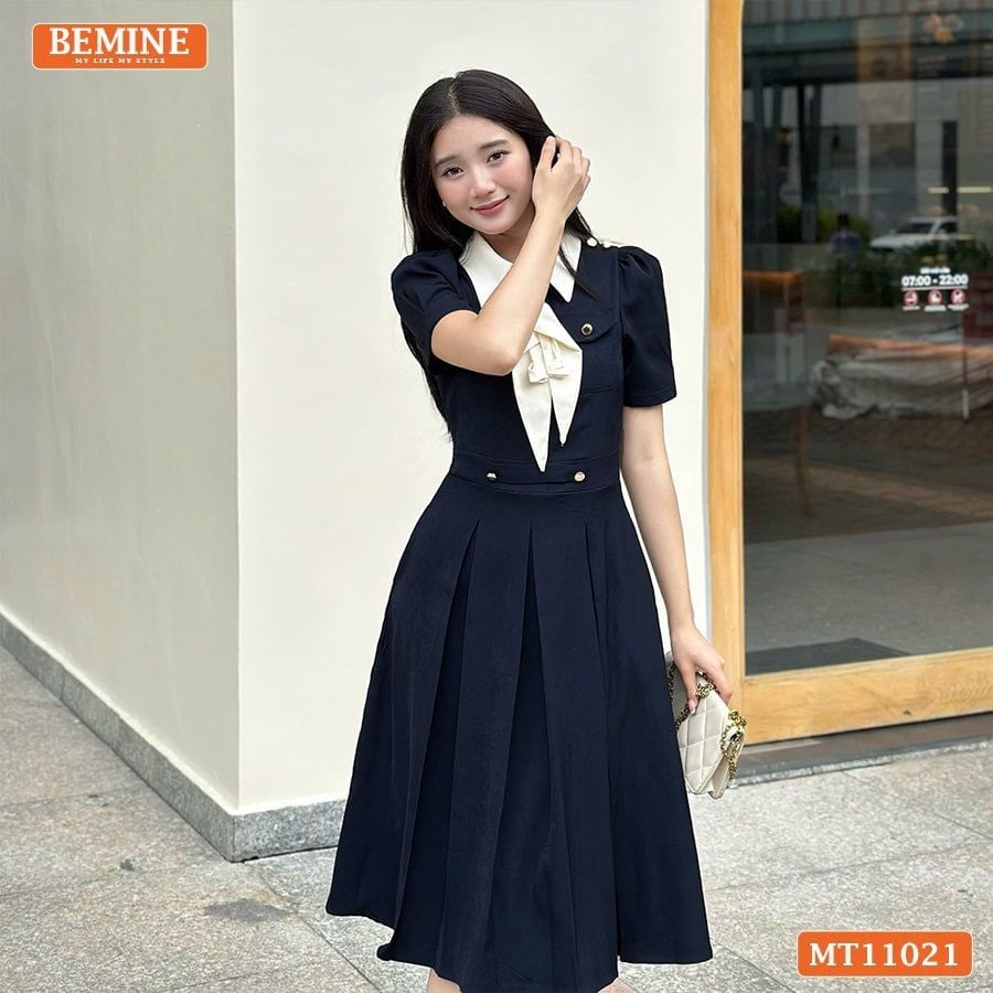 Đầm thiết kế BEMINE cổ đức nơ kiểu dáng chữ A phù hợp đi làm-MT11021