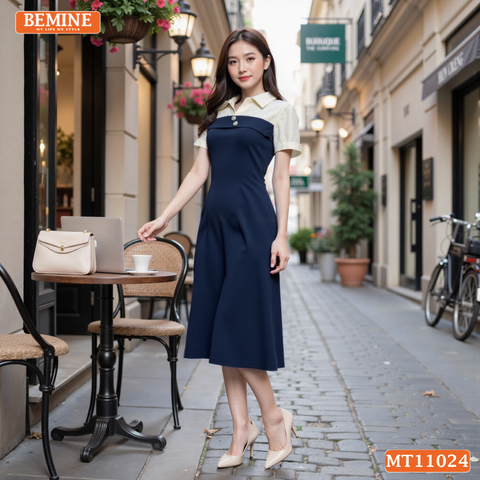 Đầm thiết kế BEMINE cổ sơ mi phối ren hoa dáng chữ A phù hợp đi làm-MT11024