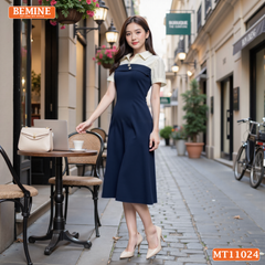 Đầm thiết kế BEMINE cổ sơ mi phối ren hoa dáng chữ A phù hợp đi làm-MT11024