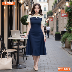 Đầm thiết kế BEMINE cổ sơ mi phối ren hoa dáng chữ A phù hợp đi làm-MT11024