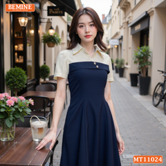 Đầm thiết kế BEMINE cổ sơ mi phối ren hoa dáng chữ A phù hợp đi làm-MT11024