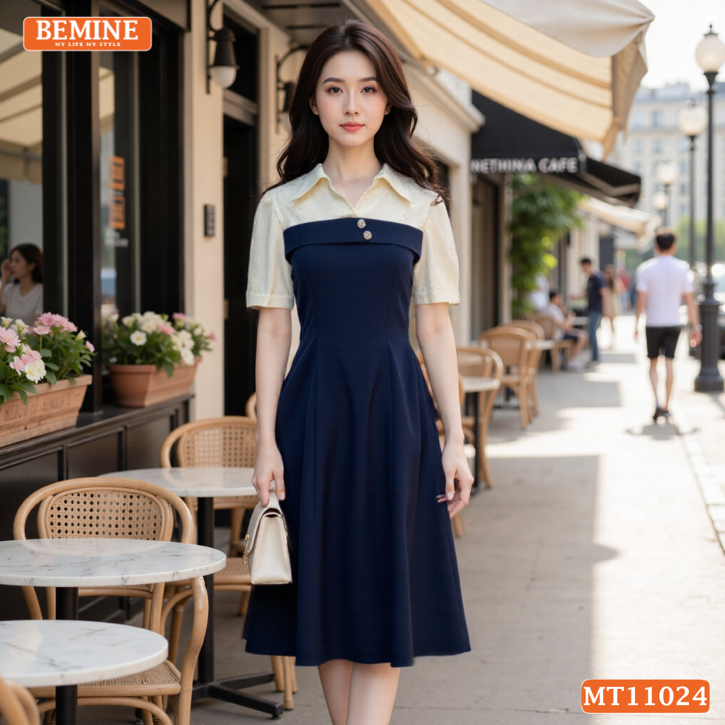 Đầm thiết kế BEMINE cổ sơ mi phối ren hoa dáng chữ A phù hợp đi làm-MT11024