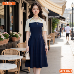 Đầm thiết kế BEMINE cổ sơ mi phối ren hoa dáng chữ A phù hợp đi làm-MT11024