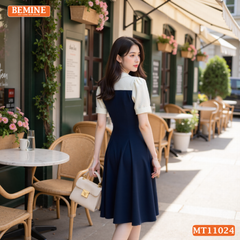 Đầm thiết kế BEMINE cổ sơ mi phối ren hoa dáng chữ A phù hợp đi làm-MT11024