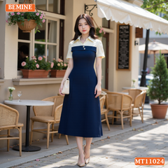 Đầm thiết kế BEMINE cổ sơ mi phối ren hoa dáng chữ A phù hợp đi làm-MT11024