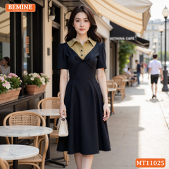 Đầm thiết kế BEMINE cổ sơ mi phối ren hoa đính nơ dáng chữ A MT11025
