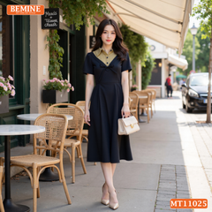 Đầm thiết kế BEMINE cổ sơ mi phối ren hoa đính nơ dáng chữ A MT11025