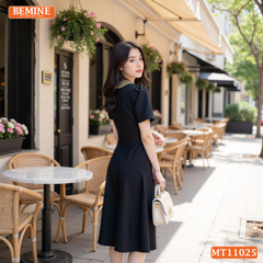 Đầm thiết kế BEMINE cổ sơ mi phối ren hoa đính nơ dáng chữ A MT11025