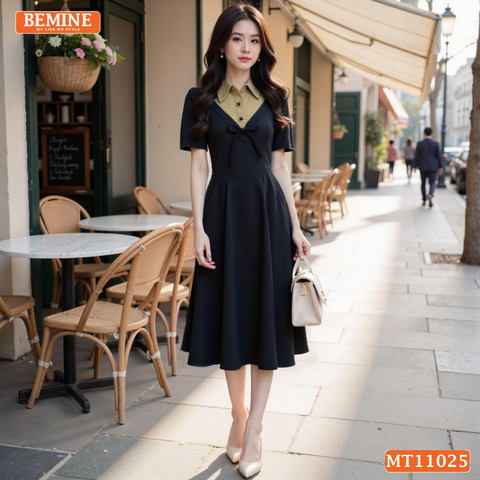 Đầm thiết kế BEMINE cổ sơ mi phối ren hoa đính nơ dáng chữ A MT11025