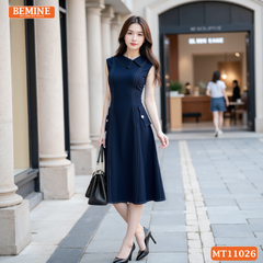 Đầm thiết kế BEMINE cổ sơ mi lệch sát nách dáng chữ A MT11026