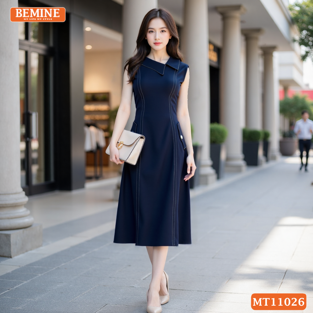 Đầm thiết kế BEMINE cổ sơ mi lệch sát nách dáng chữ A MT11026