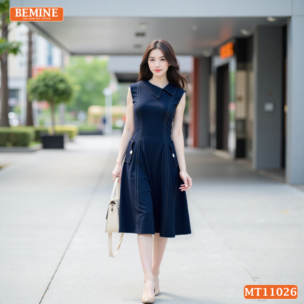 Đầm thiết kế BEMINE cổ sơ mi lệch sát nách dáng chữ A MT11026