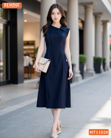 Đầm thiết kế BEMINE cổ sơ mi lệch sát nách dáng chữ A MT11026