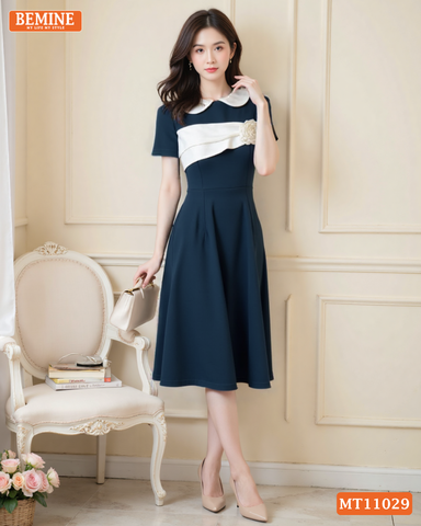 Đầm thiết kế BEMINE cổ sen ngực phối hoa dáng chữ A MT11029
