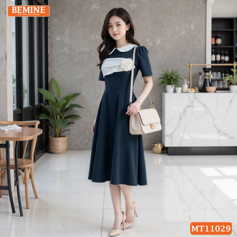 Đầm thiết kế BEMINE cổ sen ngực phối hoa dáng chữ A MT11029