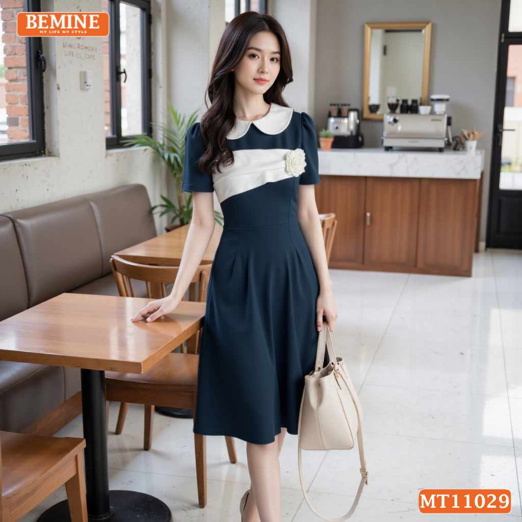Đầm thiết kế BEMINE cổ sen ngực phối hoa dáng chữ A MT11029