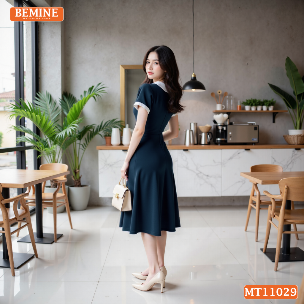 Đầm thiết kế BEMINE cổ sen ngực phối hoa dáng chữ A MT11029