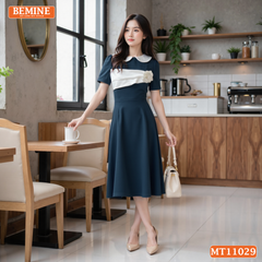 Đầm thiết kế BEMINE cổ sen ngực phối hoa dáng chữ A MT11029
