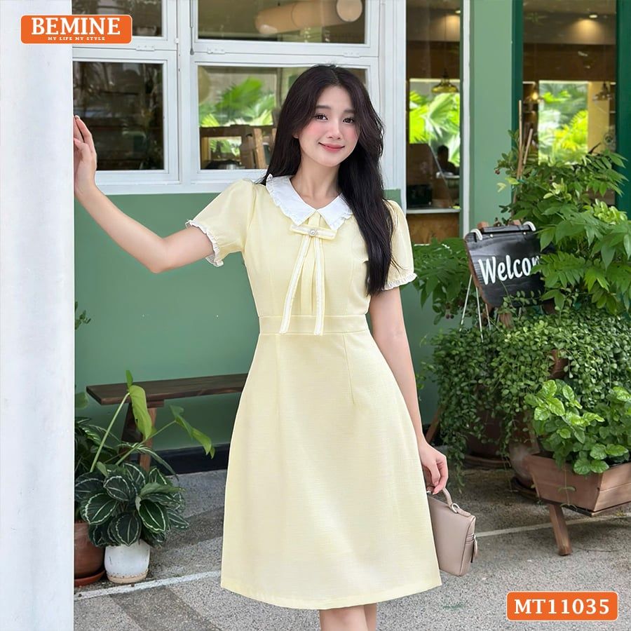 Đầm thiết kế BEMINE cổ tim viền bèo đính nơ dáng chữ A MT11035