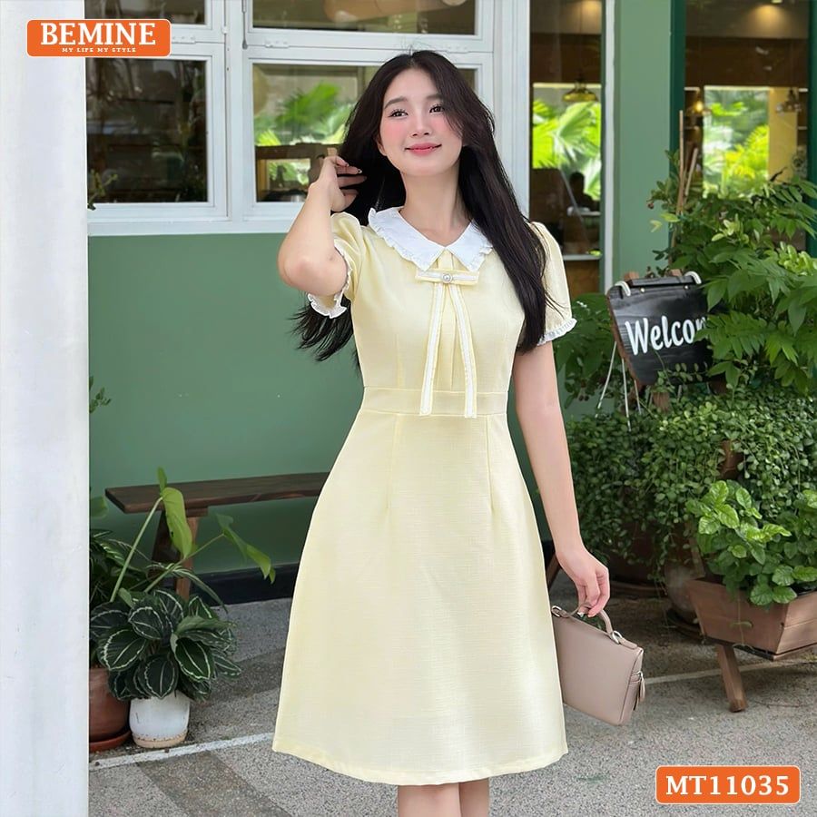 Đầm thiết kế BEMINE cổ tim viền bèo đính nơ dáng chữ A MT11035