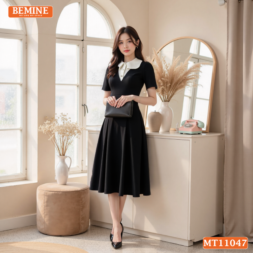 Đầm thiết kế BEMINE cổ tròn phối bèo cách điệu dáng chữ A phù hợp-MT11047