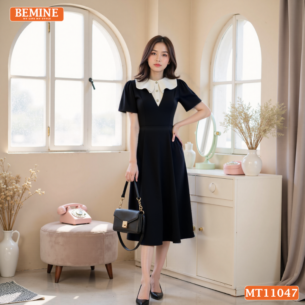 Đầm thiết kế BEMINE cổ tròn phối bèo cách điệu dáng chữ A phù hợp-MT11047