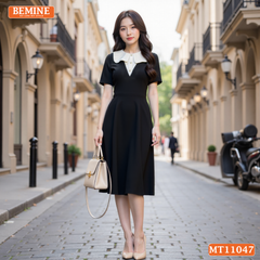 Đầm thiết kế BEMINE cổ tròn phối bèo cách điệu dáng chữ A phù hợp-MT11047