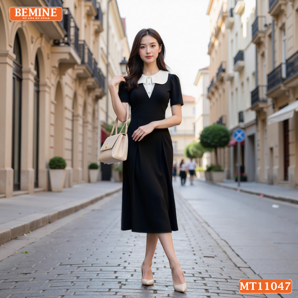 Đầm thiết kế BEMINE cổ tròn phối bèo cách điệu dáng chữ A phù hợp-MT11047
