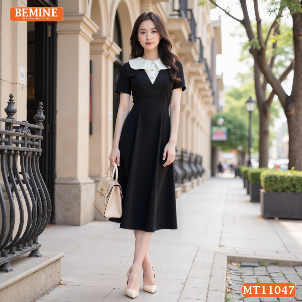 Đầm thiết kế BEMINE cổ tròn phối bèo cách điệu dáng chữ A phù hợp-MT11047