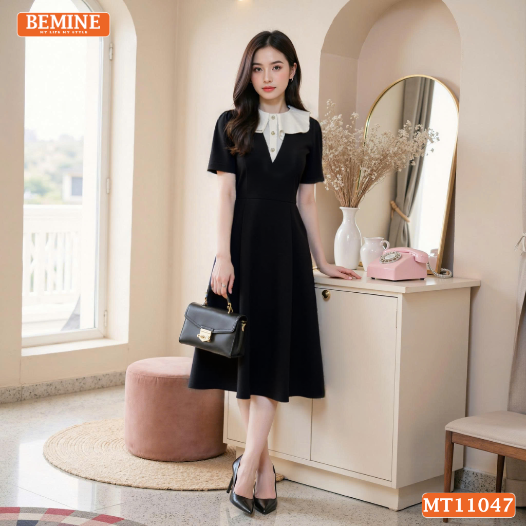 Đầm thiết kế BEMINE cổ tròn phối bèo cách điệu dáng chữ A phù hợp-MT11047