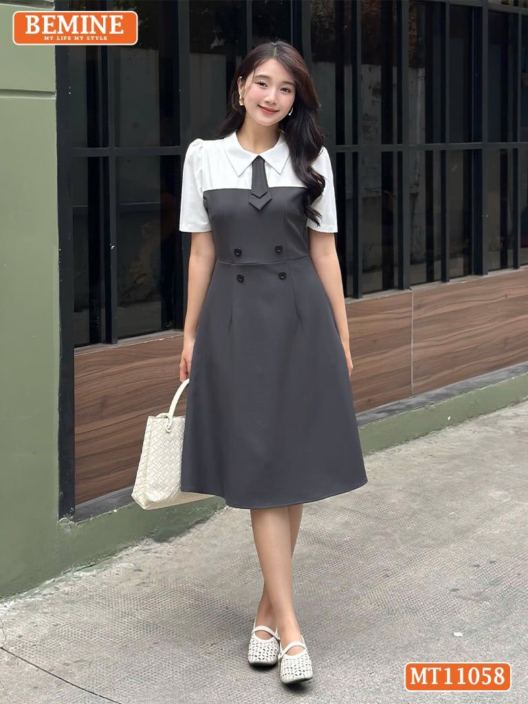 Đầm thiết kế BEMINE cổ đức cavat giả dáng chữ A phù hợp đi làm-MT11058